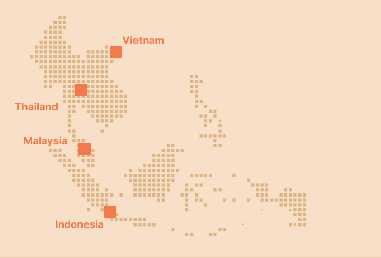 Dotted map of Southeast Asia highlighting active markets in Vietnam, Thailand, Malaysia and Indonesia